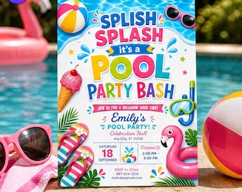 Invitación de cumpleaños para fiesta en la piscina infantil, plantilla de invitación con temática de natación de verano, fiesta infantil con chapuzones, descarga en Canva C158