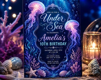 Invitación de cumpleaños con temática de medusas marinas, plantilla de invitación con temática de coral oceánico mágico brillante para niñas, 10.º cumpleaños infantil, Canva C084