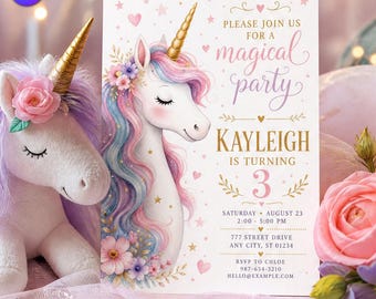 Regenboog eenhoorn verjaardagsuitnodiging, Kayleigh 3e verjaardag aquarel bloemen, schattige pastel prinsessenkroon sjabloon, canva downloaden C323