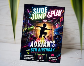 Trampoline Park 6th Birthday Invitation, Slide Jump Play Invite, Kids Indoor Playground Card, Bounce House Party, Canva Template A1739