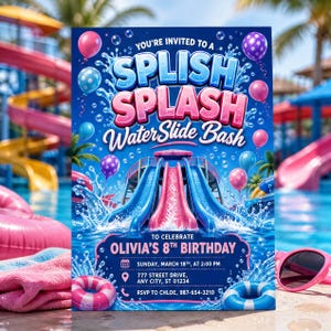 May include: A rectangular party invitation card featuring the text "YOU'RE INVITED TO A SPLISH SPLASH WaterSlide Bash" and "TO CELEBRATE OLIVIA'S 8TH BIRTHDAY" with details for Sunday, March 18th, at 2:00 PM, 777 Street Drive, and RSVP to Chloe.