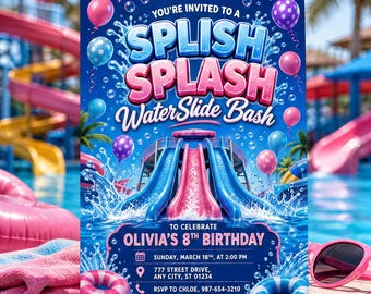 Splish Splash Water Slide Birthday Invitation, Summer Water Park Swim Bash Invite Template, Kids Water Slide Party, Canva Download C043