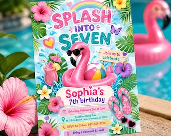Glitter Splash Into Seven verjaardagsuitnodiging, meisje flamingo zomerfeest uitnodigingssjabloon, tropische pastel 7e, canva downloaden C042