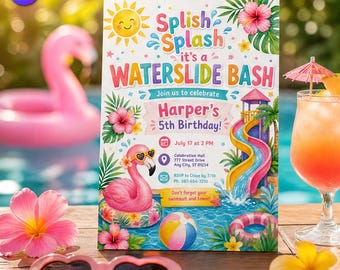 Invitación de cumpleaños con tobogán acuático y flamenco, plantilla de invitación con temática de natación de verano para niños, fiesta de cumpleaños número 5 para niña, descarga en Canva C131