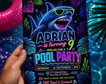 Invitación de cumpleaños con temática de fiesta en la piscina con tiburones neón, plantilla de invitación para niño para una noche de natación con luces fluorescentes, cumpleaños infantil con luces fluorescentes bajo el mar, descarga de Canva C027