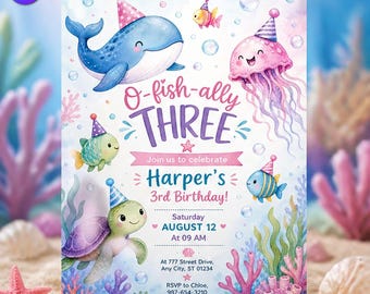 O-fish-ally Three Birthday Invitation, Cute Pastel Jellyfish Template, Harper 3rd Birthday Watercolor Whale Turtle, Canva Download C293