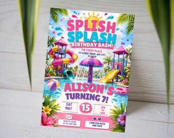 Splish Splash Birthday Invitation, Water Park 7th Birthday Invite, Kids Summer Pool Party Card, Water Slide Swim Bash, Canva Template A1738