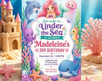 Under the Sea Mermaid Birthday Invitation, Cute Dolphin Template, Madeleine 3rd Birthday Watercolor Whale Octopus, Canva Download C283