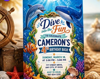 Dive into the Fun Birthday Invitation, Under the Sea Marine Template, Cameron 4th Birthday Ocean Whale Dolphin, Canva Download C273