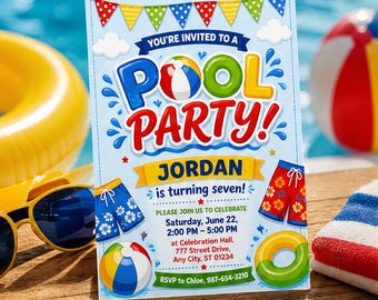 Invitación de cumpleaños para fiesta en la piscina, plantilla de invitación para fiesta de cumpleaños veraniega, fiesta de natación infantil, descarga en Canva (edición propia) C001