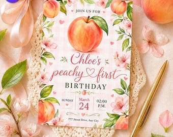クロエ・ピーチーの1歳の誕生日招待状、スイートピーチ水彩ギンガムテンプレート、スイートワンバッシュ、CanvaデジタルダウンロードC337