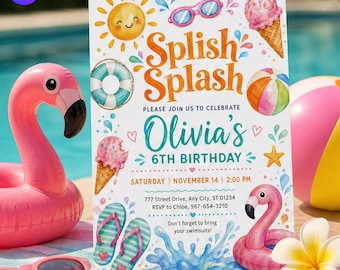Invitación de cumpleaños con temática de piscina en acuarela, plantilla de invitación para fiestas infantiles de verano con temática de natación, fiesta de cumpleaños número 6 para niña, descarga en Canva C159
