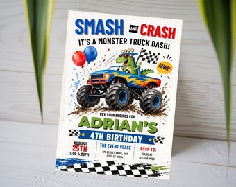 Monster Truck 4th Birthday Invitation, Smash and Crash Invite, Kids Dinosaur Dino Birthday Card, Boy Rally Picnic, Canva Template A1737