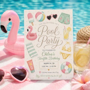 Invitation d'anniversaire aquarelle bohème piscine, modèle d'invitation de bain de natation d'été pastel, anniversaire flamant rose vintage filles, téléchargement toile C040