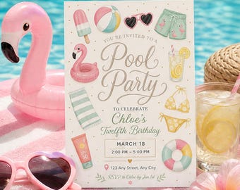 Invitación de cumpleaños estilo bohemio con acuarelas para fiesta en la piscina, plantilla de invitación para fiesta de verano en la piscina en tonos pastel, cumpleaños de flamencos vintage para niñas, descarga en Canva C040