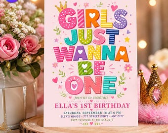 Girls Just Wanna Be One 1st Birthday Invitation, Retro Groovy Template, Ella First Birthday Pink Polka Dot Crown, Canva Download C325