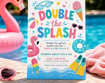 Invitación de cumpleaños conjunta para fiesta en la piscina con acuarelas, plantilla de invitación "Double the Splash" para hermanas de Singapur, fiesta de natación con helado de flamencos, Canva C046