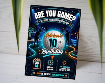 Are You Game Mini Golf Birthday Invitation, Glow Miniature Golf 10th Birthday Invite, Kids Neon Putter Party Card, Canva Template A1752