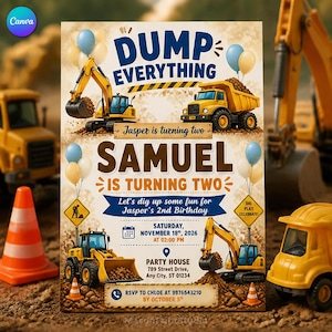 Construction 2nd Birthday Invitation Template, Dump Truck Turning Two Party, Excavator Dig Up Fun Invite Printable Digital Download 728