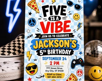 Groovy Five is a Vibe バースデー招待状、男の子向けレトロピザゲームテーマ招待状テンプレート、子供の5歳の誕生日パーティー、Canvaダウンロード C099