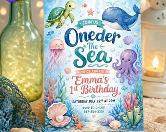 Oneder the Sea 1st Birthday Invitation, Cute Pastel Animals Template, Emma First Birthday Watercolor Whale Octopus, Canva Download C291