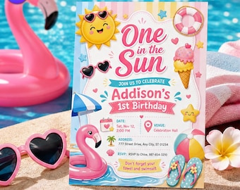 Invitación de primer cumpleaños "One in the Sun", plantilla de invitación para fiesta de piscina de verano para niña, fiesta de flamencos en la playa, descarga de Canva C138