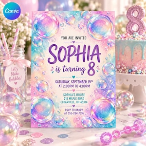 Puede incluir: Una tarjeta de invitación de cumpleaños rectangular con un fondo de acuarela pastel y burbujas iridiscentes. El texto dice: YOU ARE INVITED, SOPHIA is turning 8, SATURDAY, SEPTEMBER 19TH AT 2:00PM TO 4:00PM, SOPHIA'S HOUSE 318 MAPLE ROAD CEDARVILLE, OH 45314, RSVP TO DADDY AT 555-284-7316.