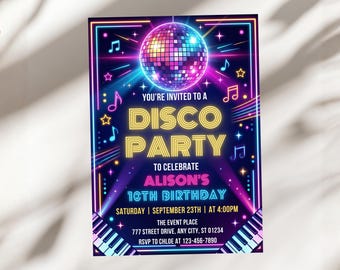 Disco 10th Birthday Invitation, Glow Neon Disco Party Invite, Kids Dance Music Theme Card, 70s Retro Groovy, Canva Template SKU A1762