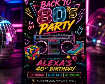 80年代風誕生日招待状、ネオンレトロローラースケートテンプレート、アレクサ40歳の誕生日1980年代ブームボックスパーティー、CanvaダウンロードC239