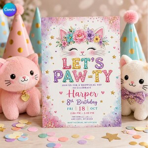 May include: A rectangular birthday invitation card featuring a white cat illustration with a floral crown, colourful glittery text reading LET'S PAW-TY, and details for Harper's 8th birthday on Friday, 18 October, from 2:00 pm to 5:00 pm at 789 Street Drive.