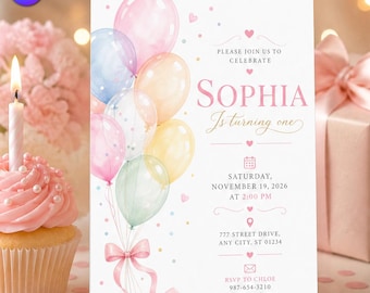 Watercolor Balloons Birthday Invitation, Pastel Elegant Template, Sophia 1st Birthday Pink Ribbon Bow Download C327