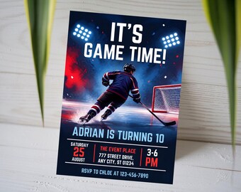 Ice Hockey 10th Birthday Invitation, It's Game Time Sibling Invite, Kids Winter Sports Party Card, Hockey Goal Rink, Canva Template A1734