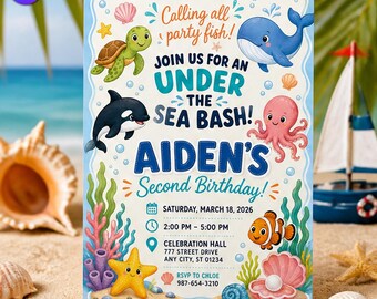 Under the Sea Bash 2nd Birthday Invitation, Cute Ocean Animals Template, Aiden Second Birthday Orca Whale Turtle, Canva Download C287