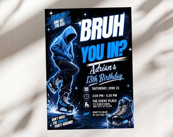 Bruh You In Ice Skating Invitation, Glow Hockey 13th Birthday Invite, Kids Neon Ice Rink Party Card, Teen Gamer, Canva Template A1766
