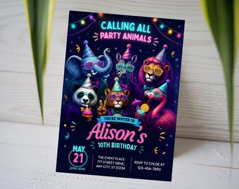 Party Animals Birthday Invitation, Neon Jungle 10th Birthday Invite, Kids Glow Safari Party Card, Wild One Zoo, Canva Template A1757