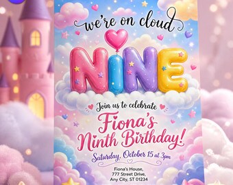 On Cloud Nine Birthday Invitation, Pastel Sky Balloon Template, Fiona 9th Birthday Pink Purple Cloud, Canva Download C326