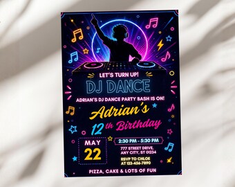 Glow DJ Dance Birthday Invitation, Neon Disco 12th Birthday Invite, Kids Music Party Card, Teen Electronic Club, Canva Template SKU A1763