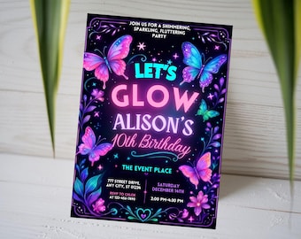Let's Glow Butterfly Birthday Invitation, Neon Butterfly 10th Birthday Invite, Kids Glow in the Dark Party Card,  Canva Template A1754