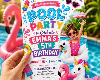 Girl Pool Party Birthday Invitation, Cute Summer Swimming Theme Invite Template, Emma 5th Birthday Bash, Canva Download C156