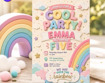 Over The Rainbow Birthday Invitation, Pastel 3D Clay Template, Emma 5th Birthday Cool Party Cloud Ribbon, Canva Download C329