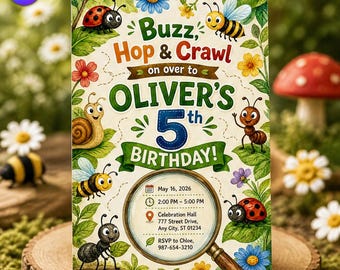 虫の誕生日招待状、かわいい庭の昆虫テーマの招待状テンプレート、オリバー5歳の誕生日バズホップクロール、CanvaダウンロードC232