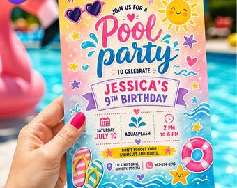 Invitación de cumpleaños para fiesta infantil en la piscina, plantilla de invitación con temática de natación de verano, fiesta de cumpleaños número 9 para niña, descarga en Canva C151