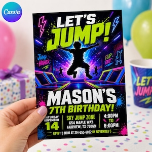 Puede incluir: Una tarjeta de invitación de cumpleaños rectangular con fondo negro y texto en verde neón y rosa que dice LET'S JUMP! MASON'S 7TH BIRTHDAY! SATURDAY NOVEMBER 14, SKY JUMP ZONE, 654 MAPLE WAY, FAIRVIEW, TX 75069, 4:00PM TO 6:00PM, RSVP TO MOM AT 214-555-6832.