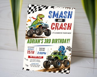 Monster Truck 3rd Birthday Invitation, Smash and Crash Invite, Kids Dinosaur Dino Birthday Card, Boy Rally Picnic, Canva Template A1740