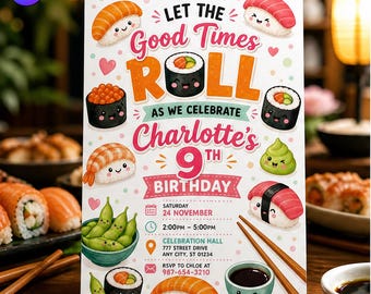 寿司バースデー招待状、かわいい「楽しい時間を過ごそう」パーティーテンプレート、シャーロット9歳の誕生日日本食、CanvaダウンロードC223