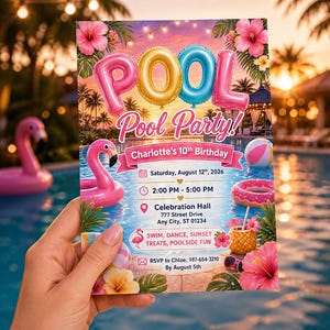 Może przedstawiać: Prostokątne zaproszenie na imprezę przy basenie z tekstem POOL Pool Party! Charlotte's 10th Birthday, Saturday, August 12th, 2026, 2:00 PM - 5:00 PM, Celebration Hall, 777 Street Drive, Any City, ST 01234 oraz szczegółami RSVP.