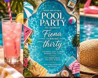 Invitación de cumpleaños para adultos con temática de piscina, plantilla de invitación elegante para fiestas de verano y natación, fiesta de cumpleaños número 30 para mujer, descarga de Canva C160