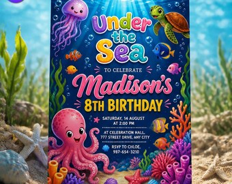 Under the Sea 8th Birthday Invitation, Cute Pink Octopus Template, Madison Eighth Birthday Watercolor Jellyfish Turtle, Canva Download C289