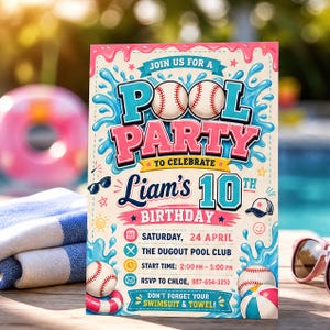 May include: A rectangular pool party invitation card featuring baseballs, blue water splashes, and pink icing graphics. The text reads: JOIN US FOR A POOL PARTY TO CELEBRATE LIAM'S 10TH BIRTHDAY, SATURDAY, 24 APRIL, THE DUGOUT POOL CLUB, 2:00 PM - 5:00 PM.