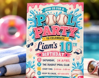 Invitación de cumpleaños para fiesta de béisbol en la piscina, plantilla de invitación para fiesta de natación de verano para niños (Canva Download C029)